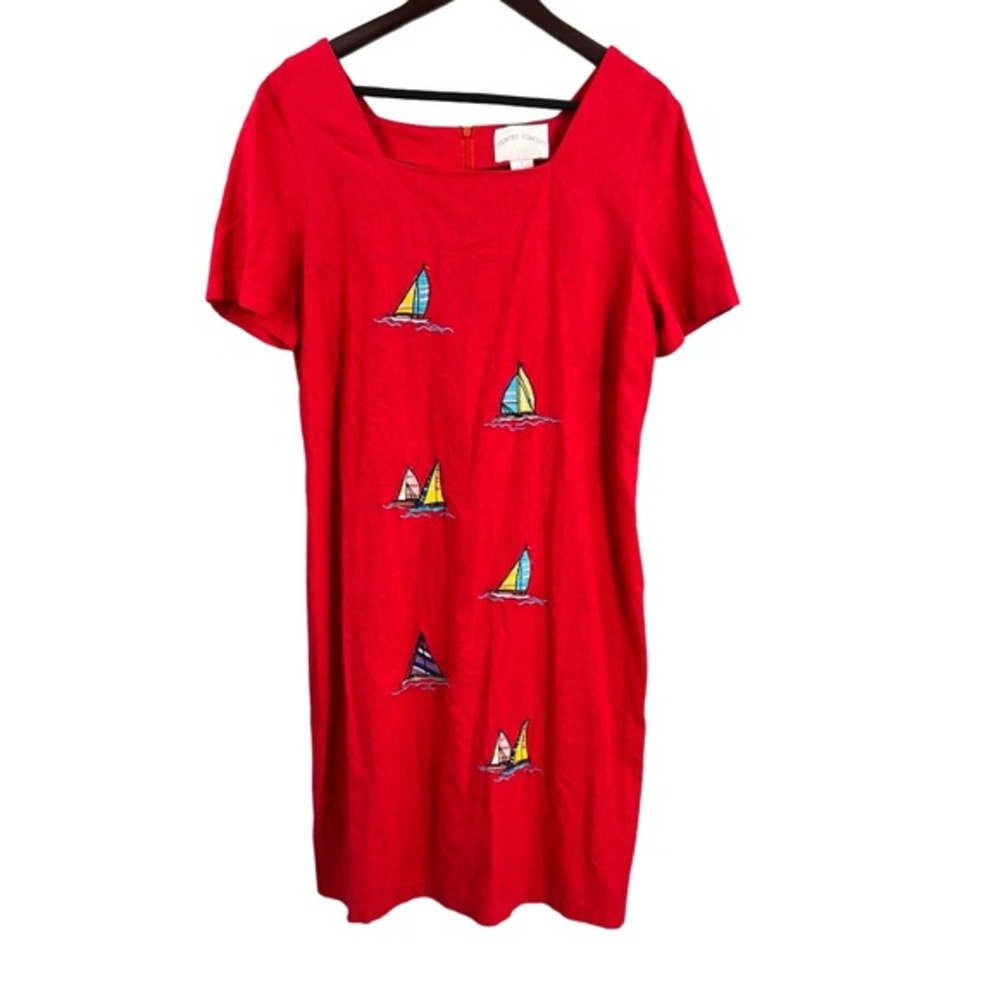 Country Concept Dress Nautical Sailboat Embroidered Midi Linen Cotton Size Large